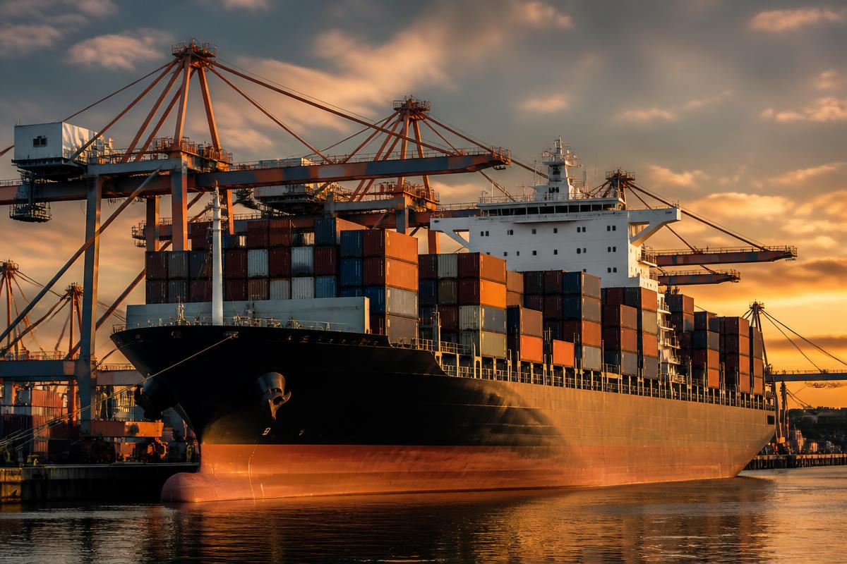 Cargo vessel loaded with shipping containers at a port