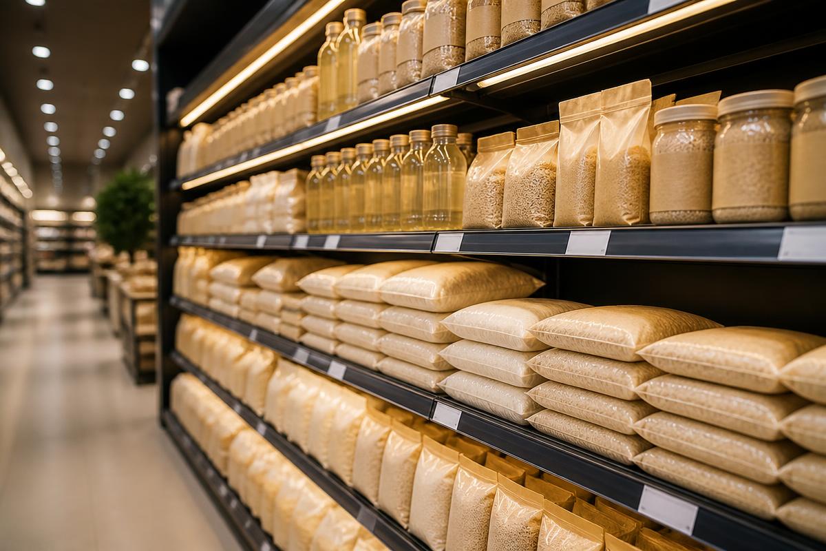 Supermarket shelf stocked with packaged food staples