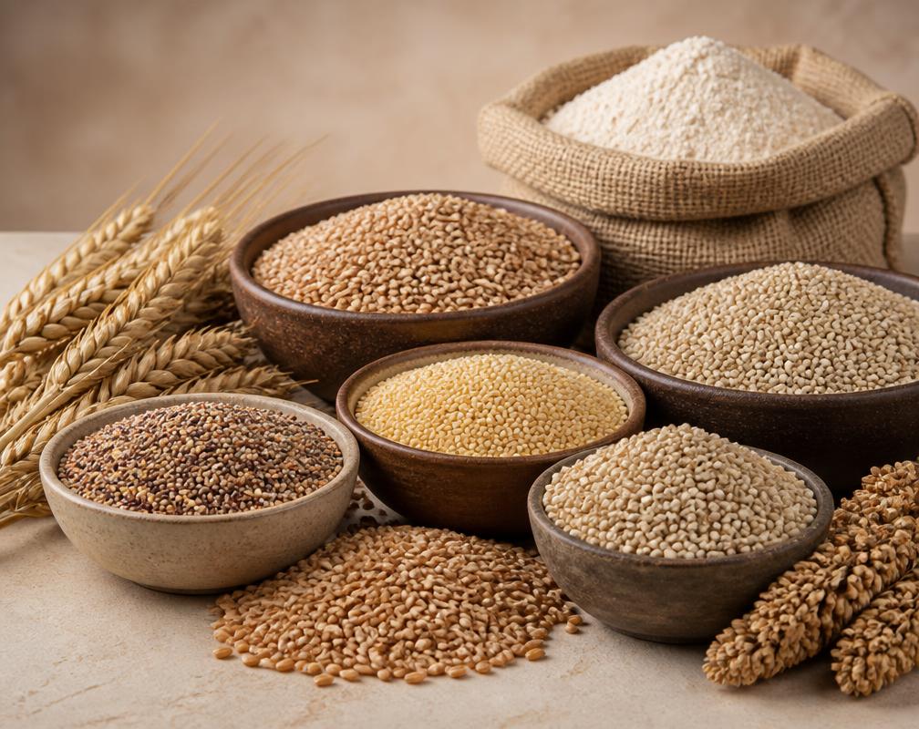 Bowls of wheat, sorghum and mixed millets with wheat ears