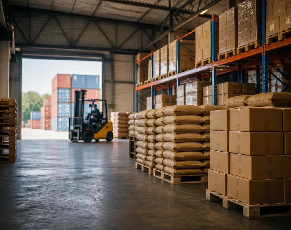 Warehouse pallets stacked with cartons and sacks