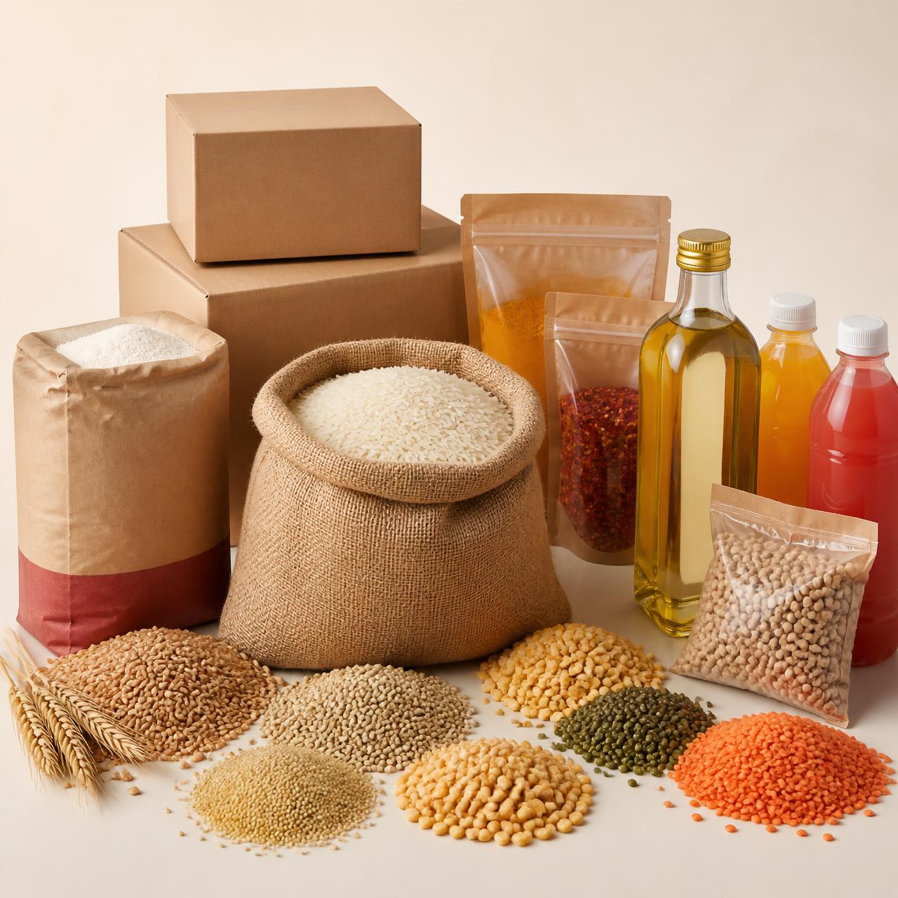 Rice, wheat, flour, millets, pulses, spices, cooking oil and packaged beverages in neutral RPK packaging